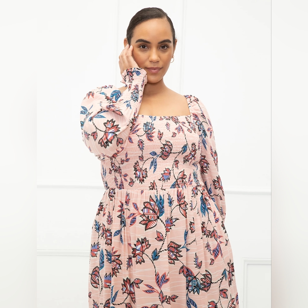 NWT Eloquii Floral Print Midi Dress Smocked Bodice size 22/24